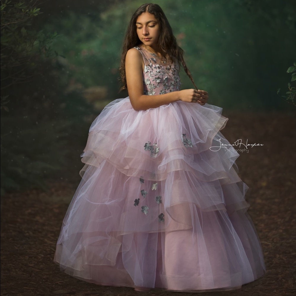Lavender gown with floral appliqués